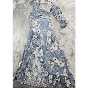 NEW We Are Kindred Dress Women 4 Blue Cornflowers Tabitha Asymmetric Maxi Ruffle